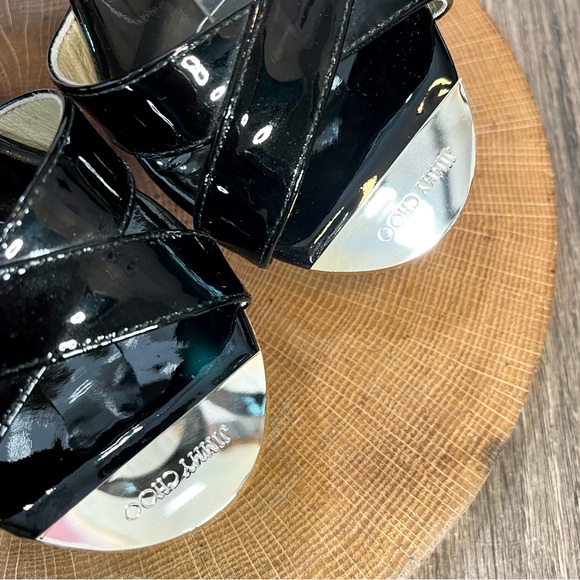 *Jimmy Choo | Papyrus Black Patent Leather Cork Wedge Platform Sandals Size37.5 - Picture 14 of 16